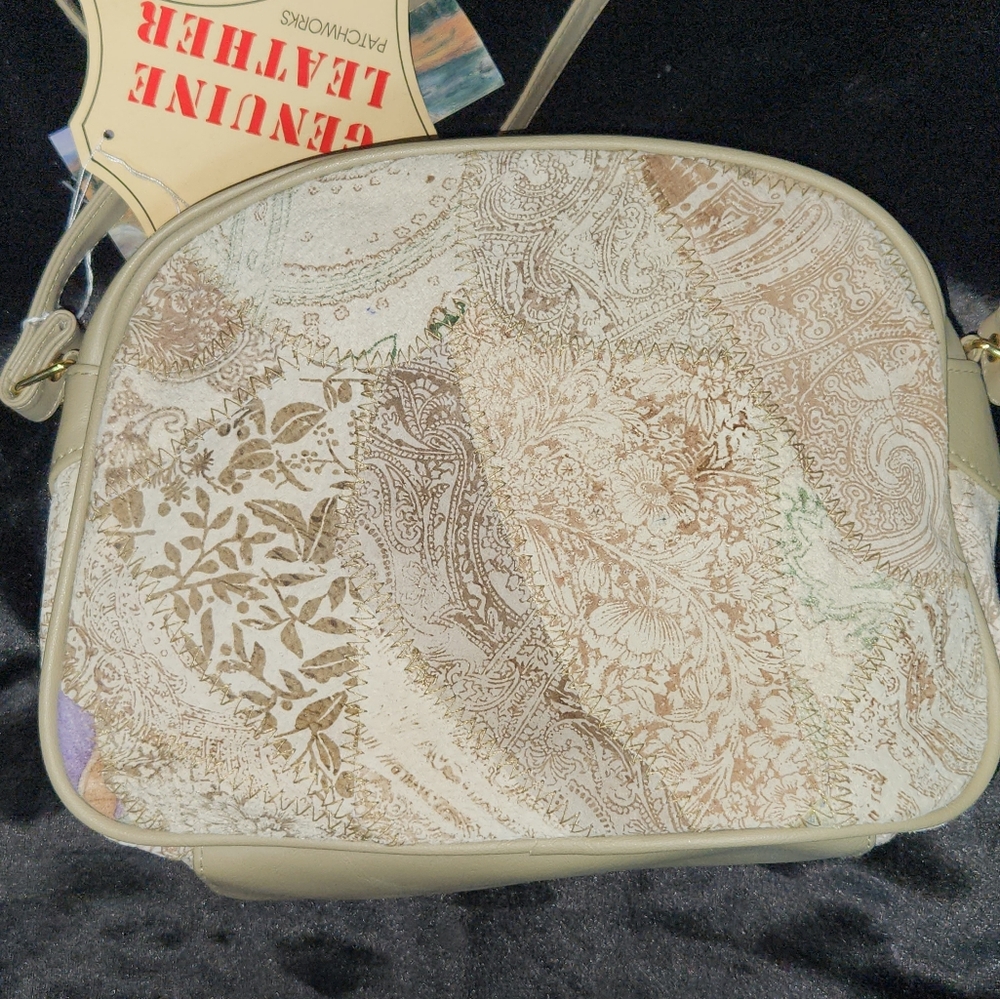 NEW Genuine Leather Patchwork Crossbody Bag - Cream and Brown - Picture 2 of 9